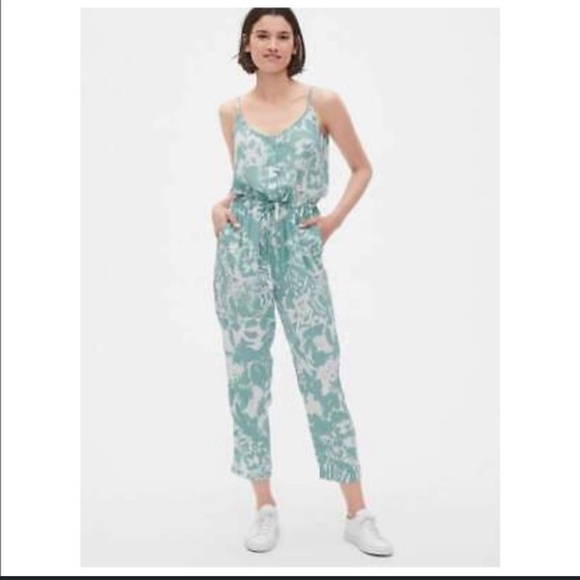 GAP Blue Floral Tank Drawstring waist Jumpsuit Size M Tall - Picture 1 of 9